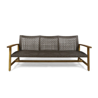 Bops Outdoor Sofa, Brown Acacia Wood Frame, 76 Inch, Gray Wicker