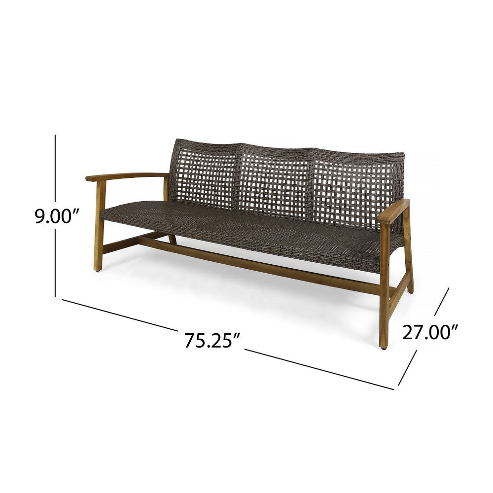 Bops Outdoor Sofa, Brown Acacia Wood Frame, 76 Inch, Gray Wicker
