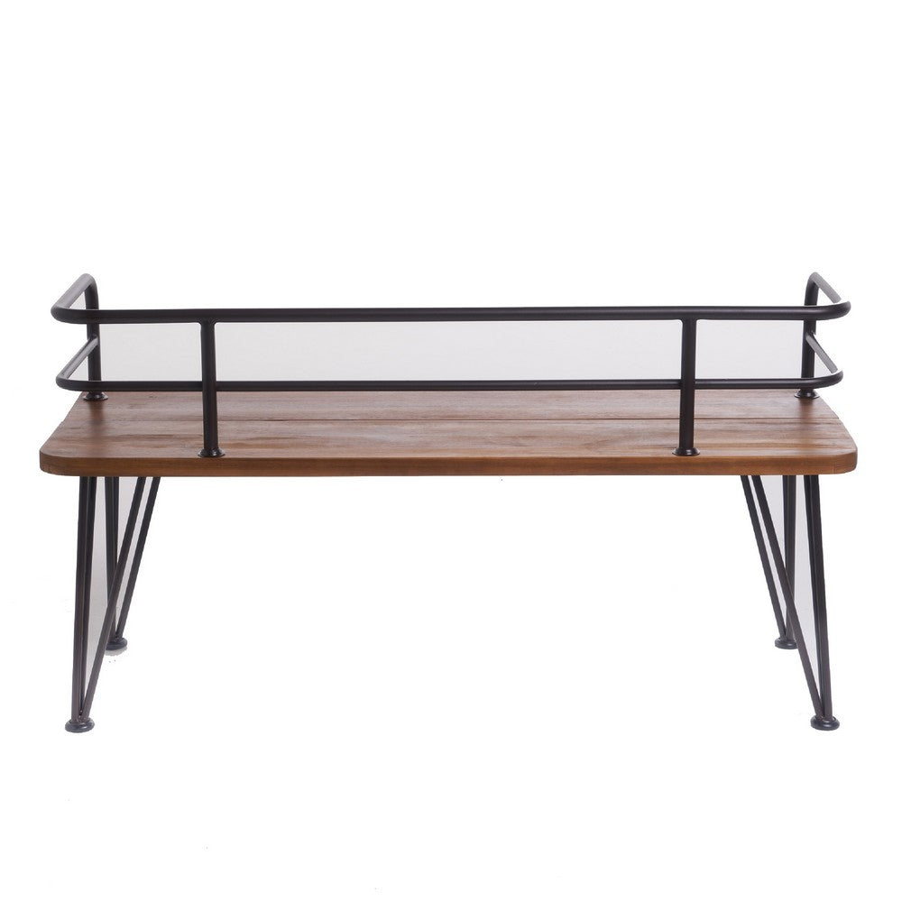 Zoe Outdoor Bench, Industrial Metal Frame, 48 Inch Brown Acacia Wood