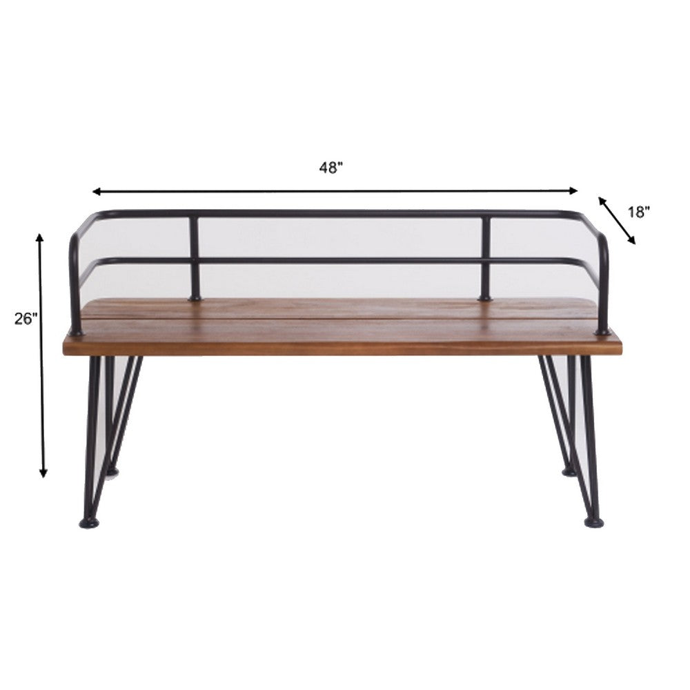 Zoe Outdoor Bench, Industrial Metal Frame, 48 Inch Brown Acacia Wood