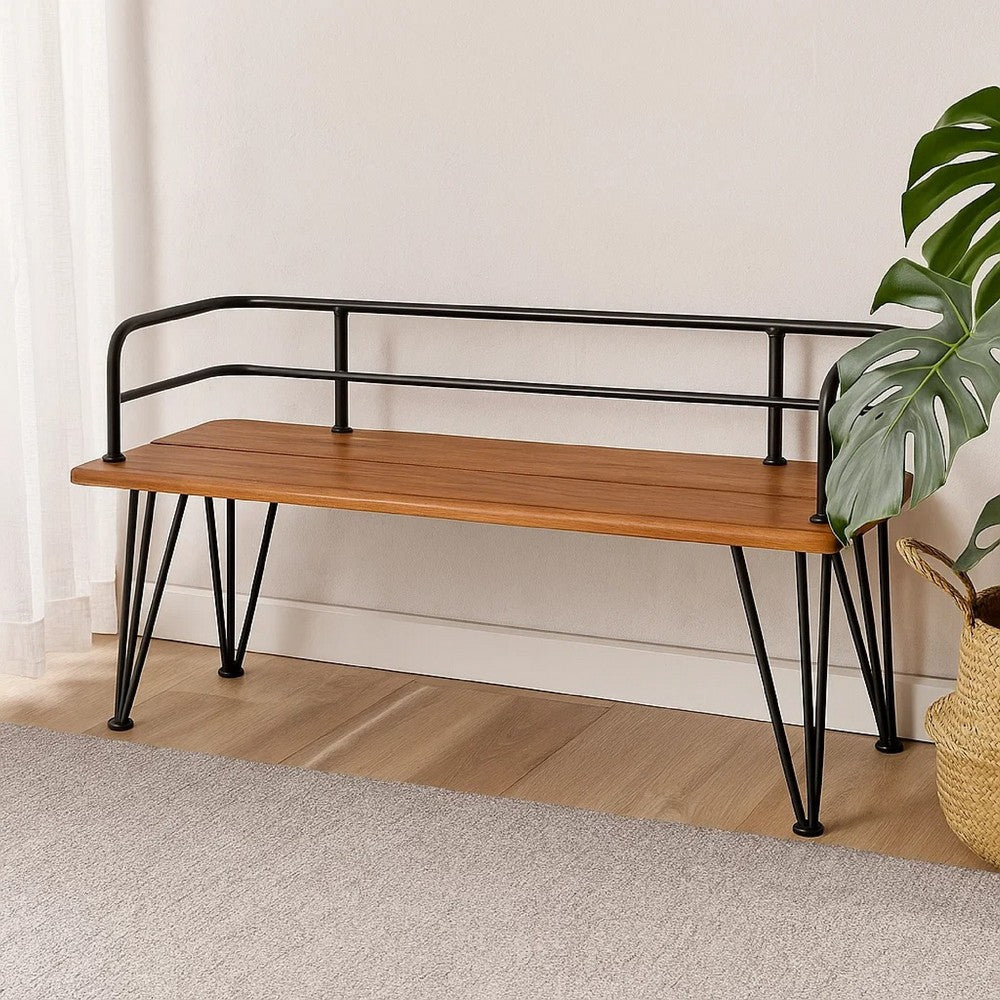 Zoe Outdoor Bench, Industrial Metal Frame, 48 Inch Brown Acacia Wood