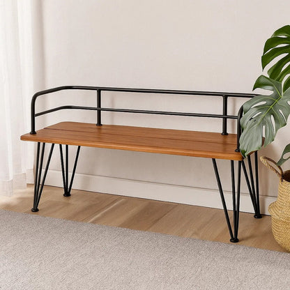 Zoe Outdoor Bench, Industrial Metal Frame, 48 Inch Brown Acacia Wood