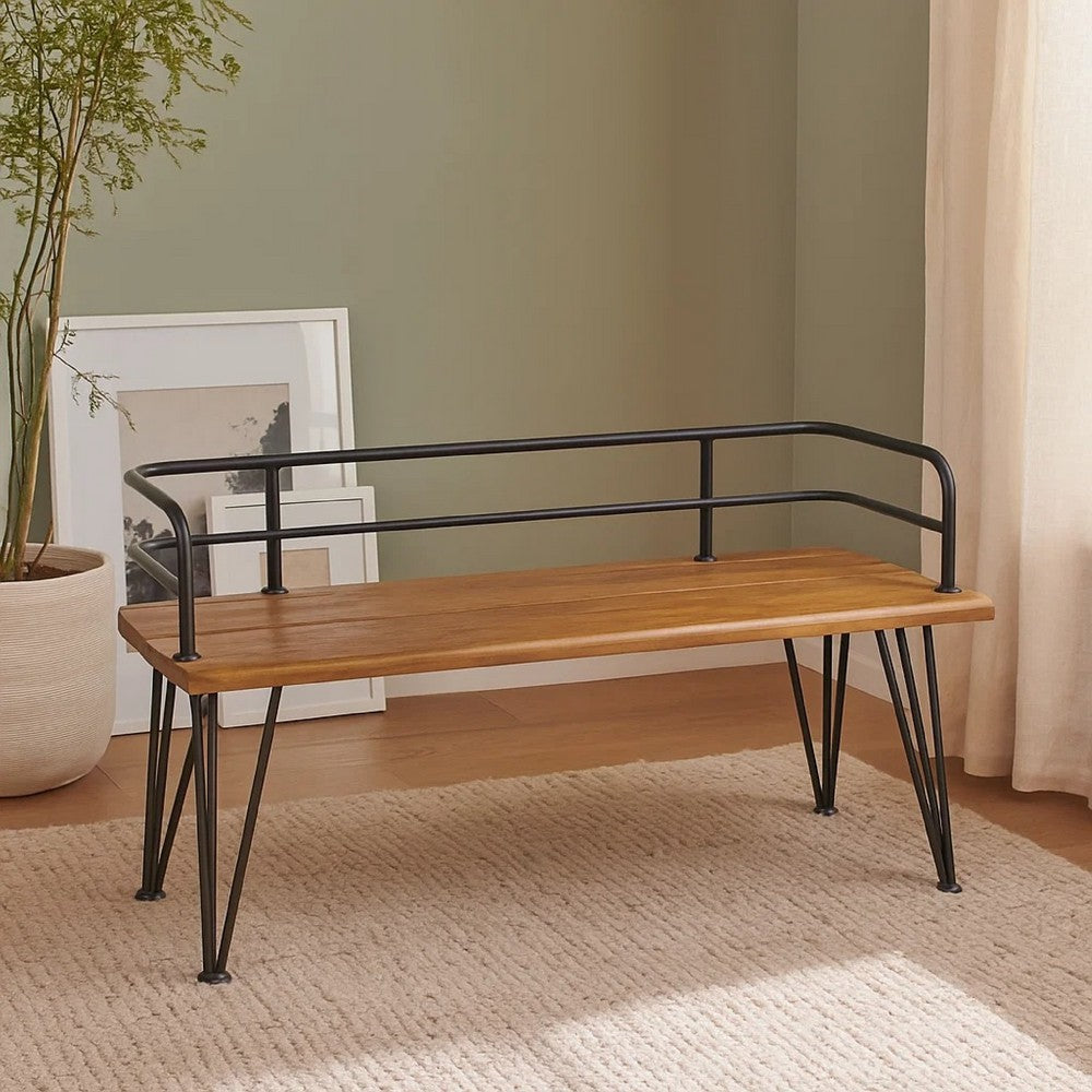 Zoe Outdoor Bench, Industrial Metal Frame, 48 Inch Brown Acacia Wood