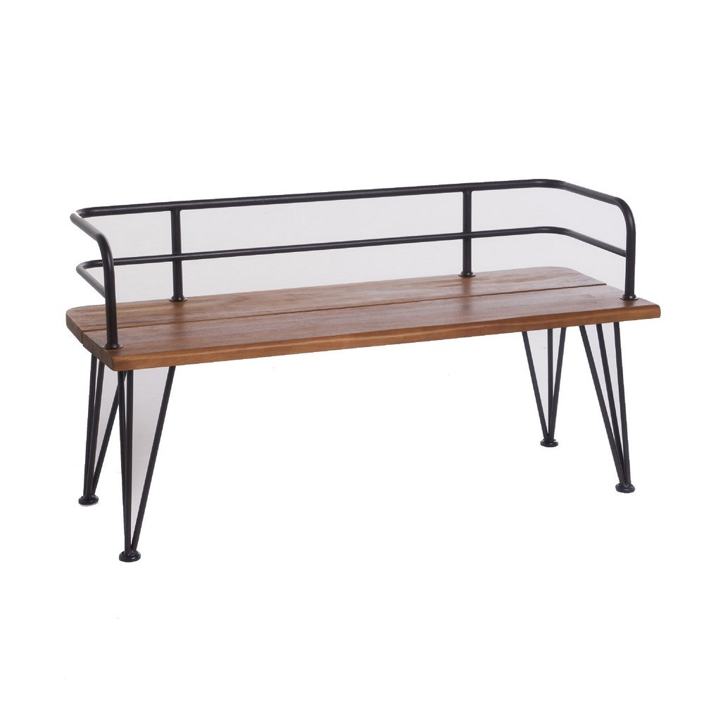 Zoe Outdoor Bench, Industrial Metal Frame, 48 Inch Brown Acacia Wood