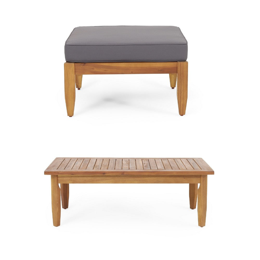 Gail Outdoor Ottoman and Coffee Table Set, Brown Acacia Wood, Gray