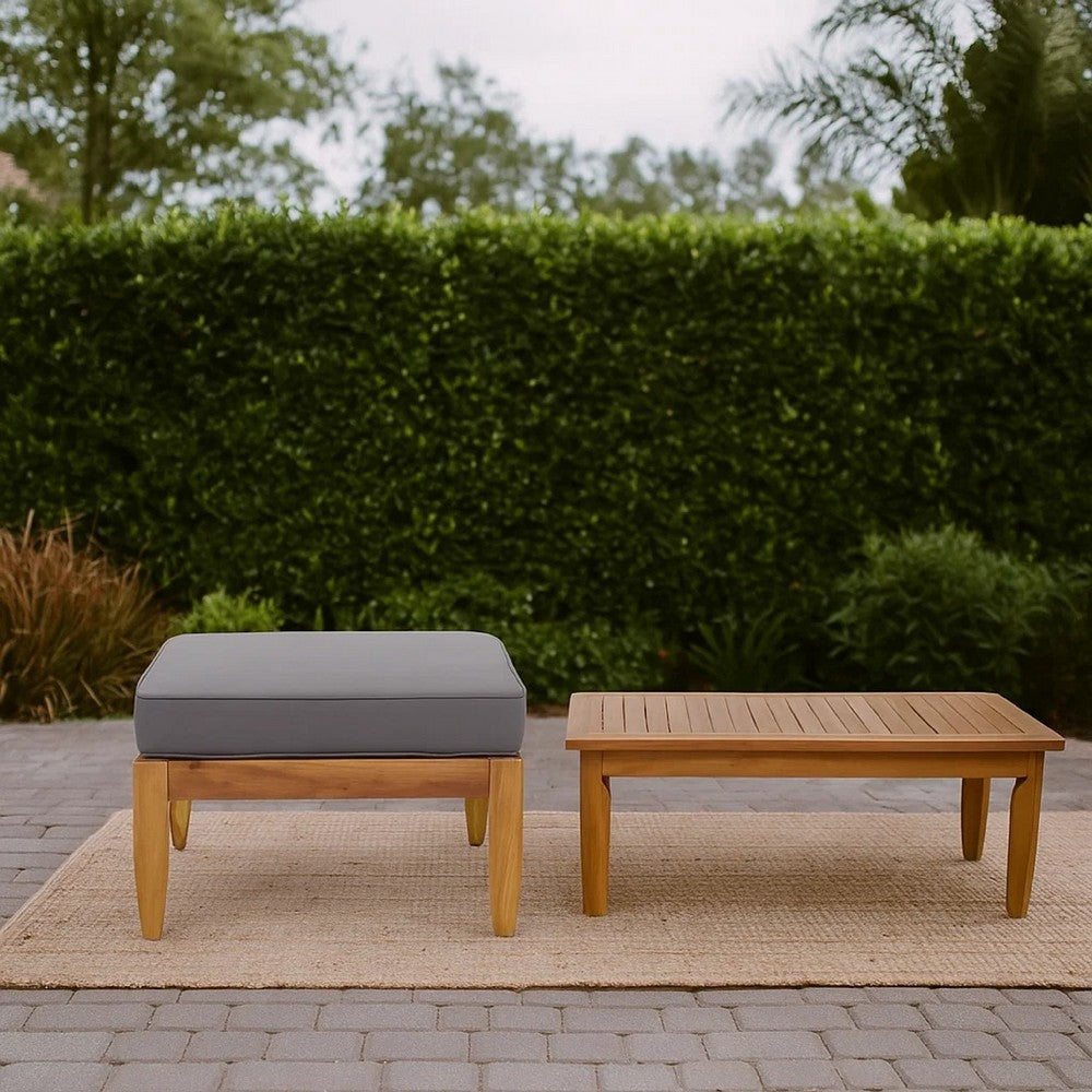 Gail Outdoor Ottoman and Coffee Table Set, Brown Acacia Wood, Gray