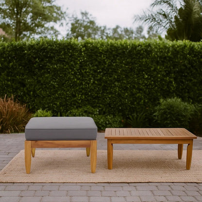 Gail Outdoor Ottoman and Coffee Table Set, Brown Acacia Wood, Gray