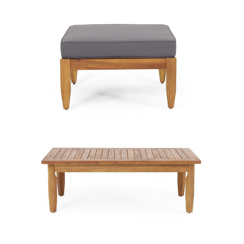 Gail Outdoor Ottoman and Coffee Table Set, Brown Acacia Wood, Gray