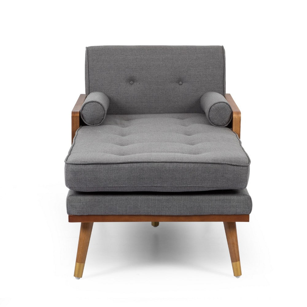 Javie Chaise Lounger, Splayed Rubberwood Legs, Button Tufted Gray