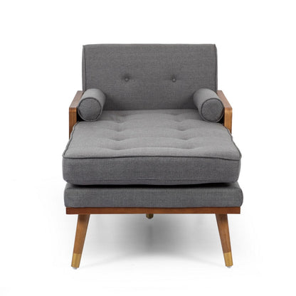 Javie Chaise Lounger, Splayed Rubberwood Legs, Button Tufted Gray