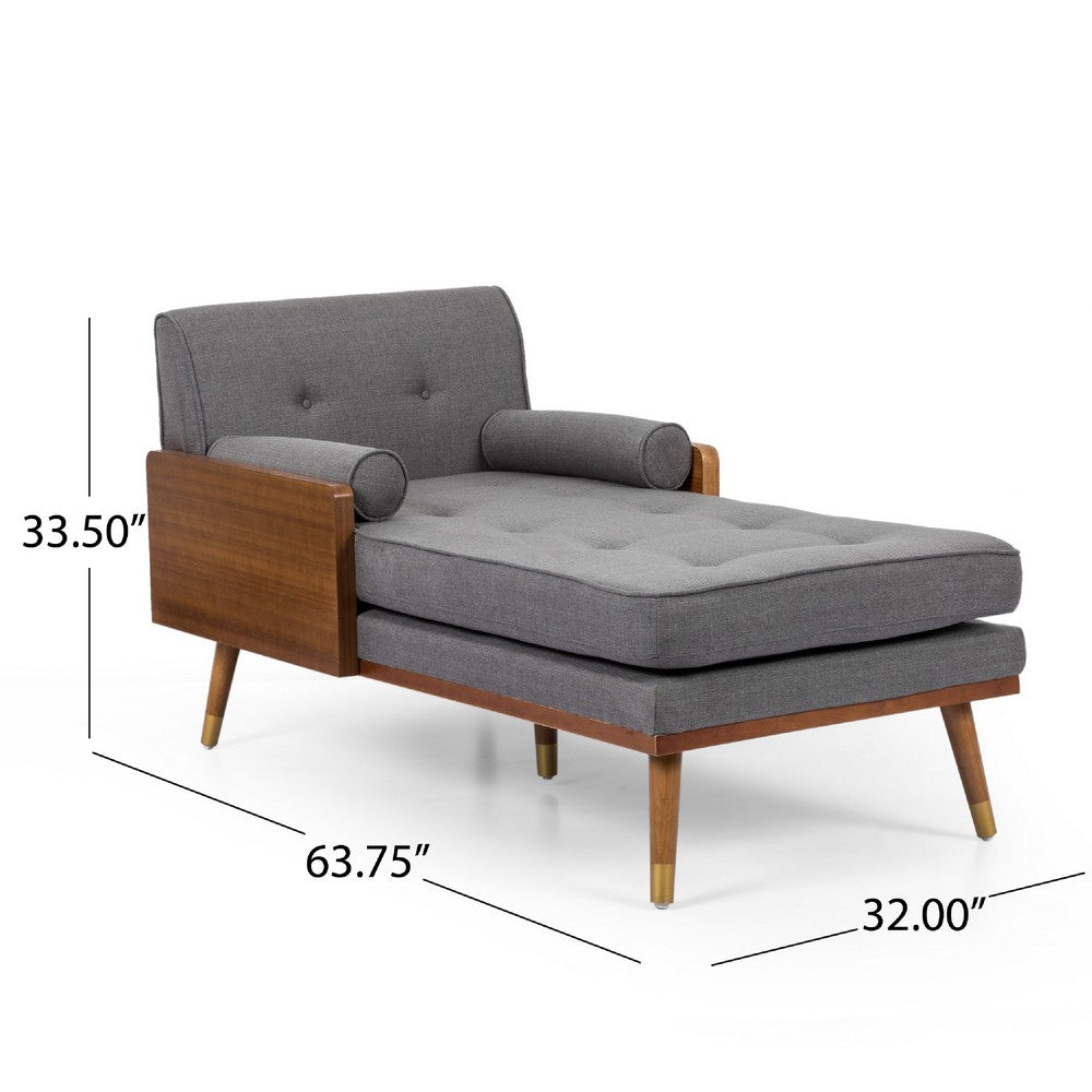 Javie Chaise Lounger, Splayed Rubberwood Legs, Button Tufted Gray