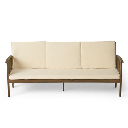 Gerry Outdoor Bench Sofa, Cream Foam Pads, Gray Acacia Wood 78 Inch