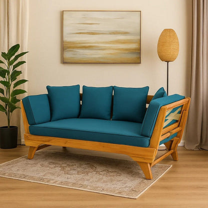 Flex Outdoor Daybed, 65 Inch Teak Brown Acacia Wood, Blue Cushions
