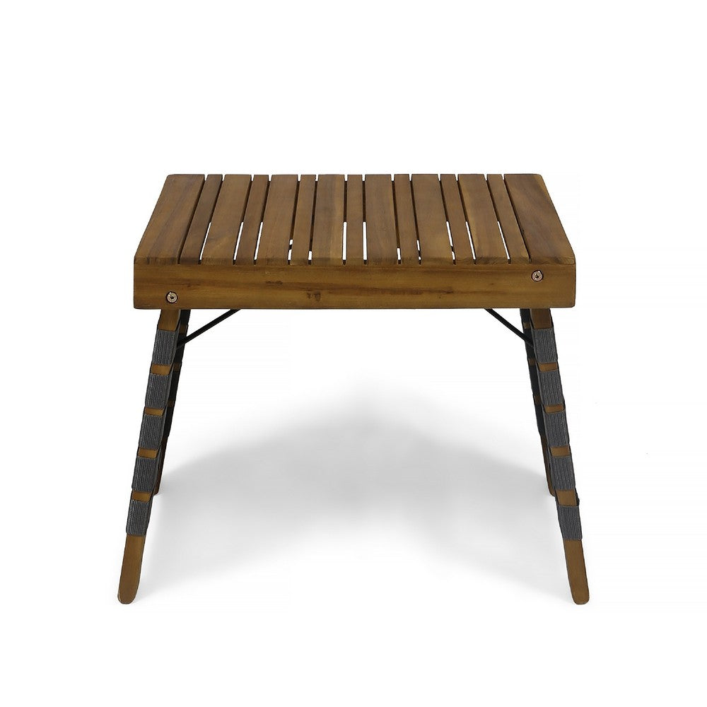 Leo Outdoor Foldable Side Table, 20 Inch Brown Wood, Black Nylon Strap