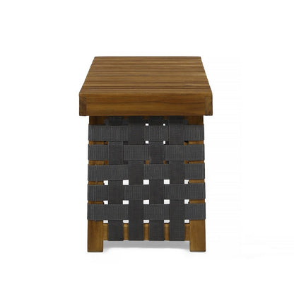 Leo Outdoor Foldable Side Table, 20 Inch Brown Wood, Black Nylon Strap