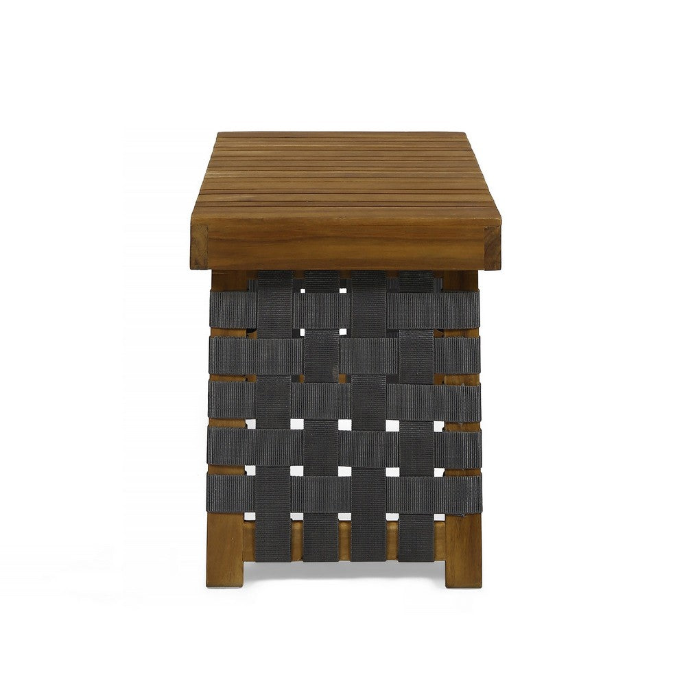 Leo Outdoor Foldable Side Table, 20 Inch Brown Wood, Black Nylon Strap
