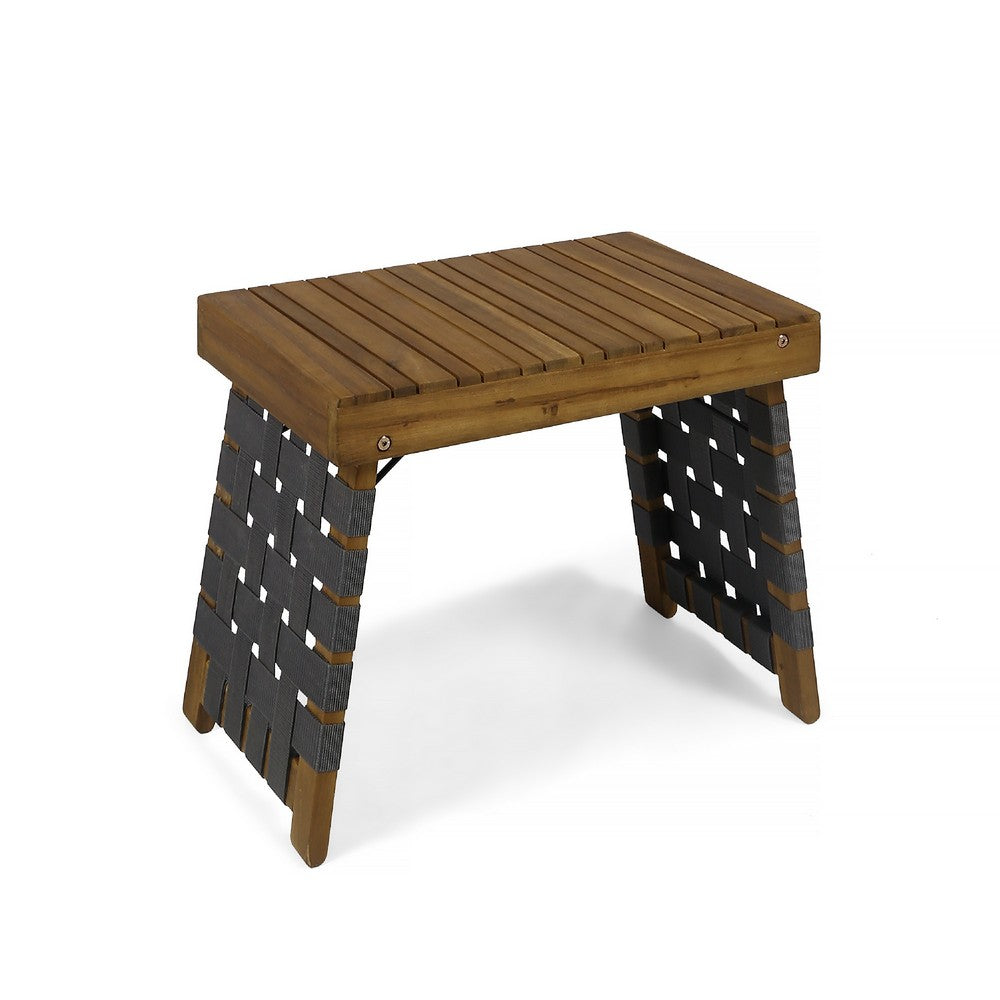 Leo Outdoor Foldable Side Table, 20 Inch Brown Wood, Black Nylon Strap