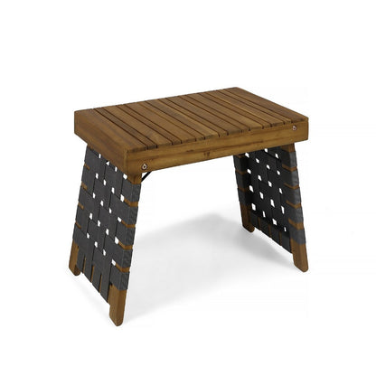 Leo Outdoor Foldable Side Table, 20 Inch Brown Wood, Black Nylon Strap