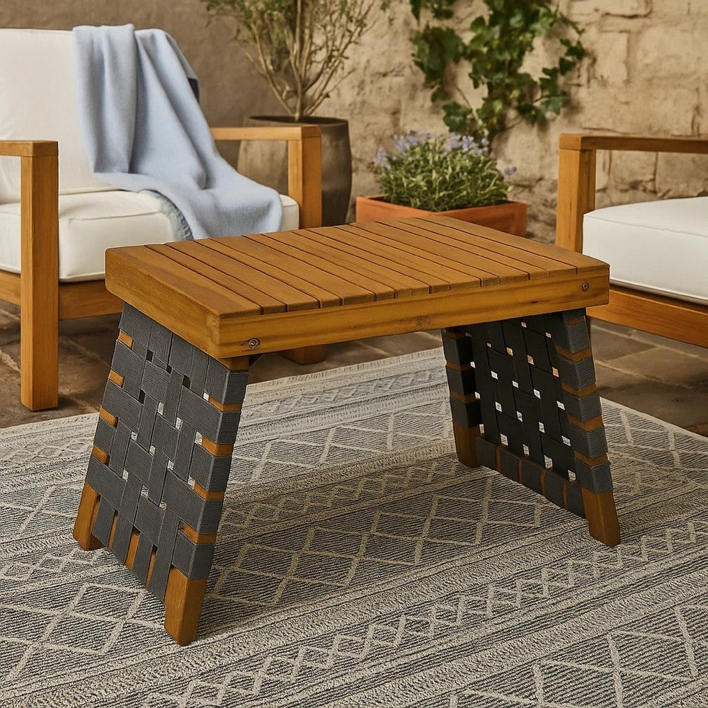 Leo Outdoor Foldable Side Table, 20 Inch Brown Wood, Black Nylon Strap