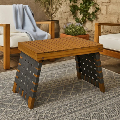 Leo Outdoor Foldable Side Table, 20 Inch Brown Wood, Black Nylon Strap