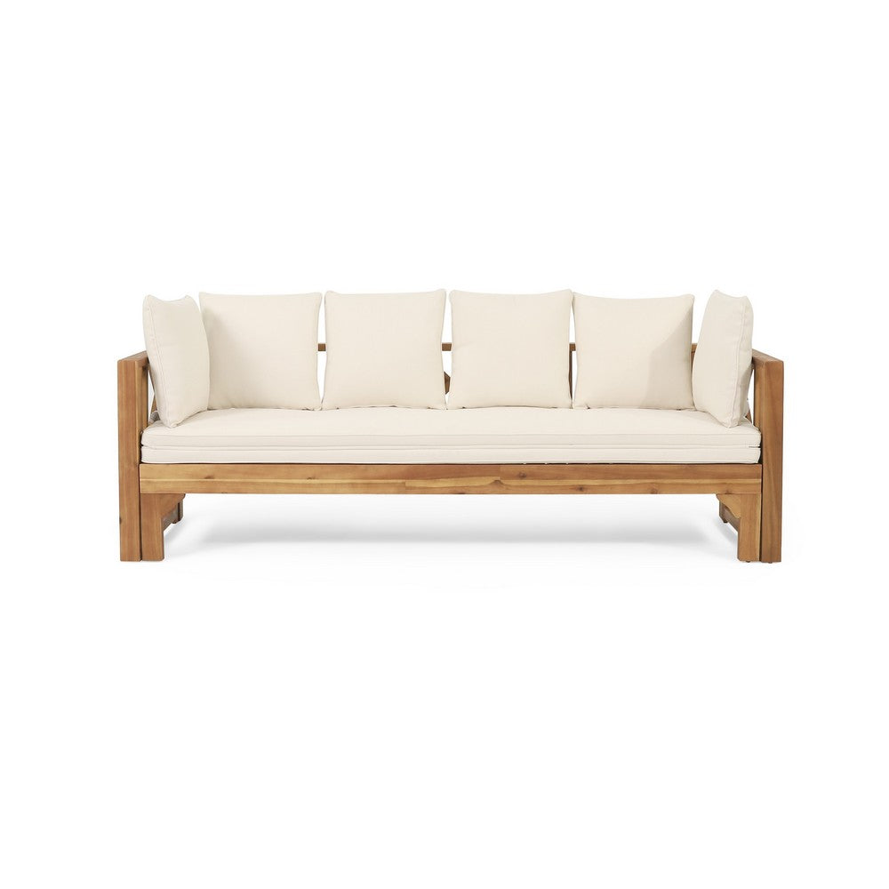 Outdoor Daybed Sofa, 79 Inch, Brown Acacia Wood Frame, Cream Cushions