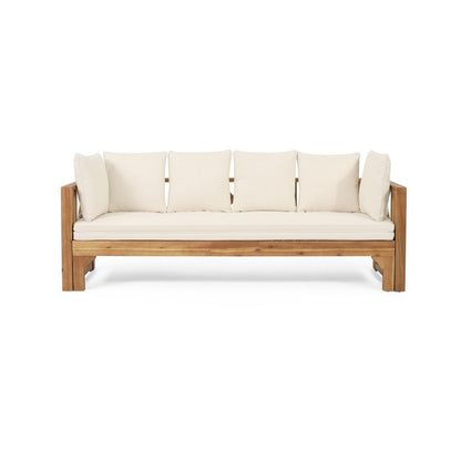 Outdoor Daybed Sofa, 79 Inch, Brown Acacia Wood Frame, Cream Cushions