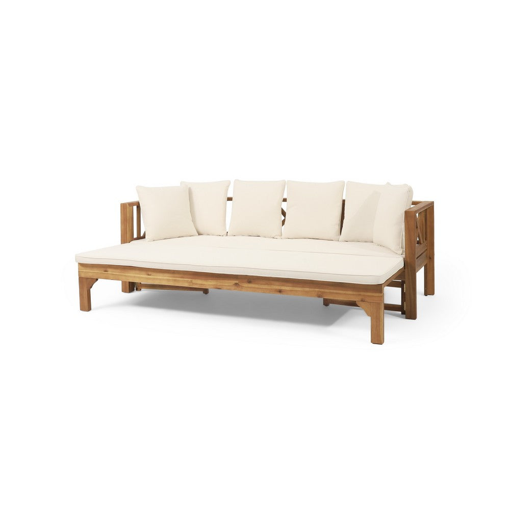 Outdoor Daybed Sofa, 79 Inch, Brown Acacia Wood Frame, Cream Cushions