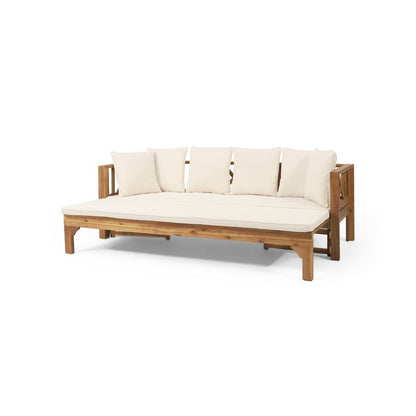 Outdoor Daybed Sofa, 79 Inch, Brown Acacia Wood Frame, Cream Cushions