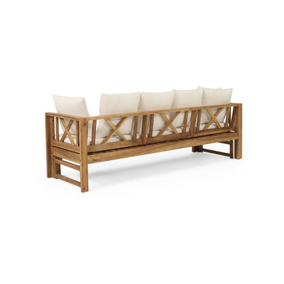 Outdoor Daybed Sofa, 79 Inch, Brown Acacia Wood Frame, Cream Cushions