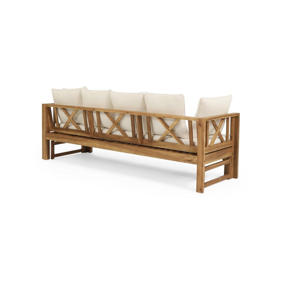 Outdoor Daybed Sofa, 79 Inch, Brown Acacia Wood Frame, Cream Cushions