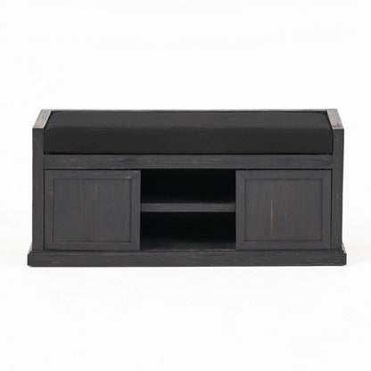 Shoe Bench with 2 Storage Shelves, 43 Inch Dark Gray Acacia Wood