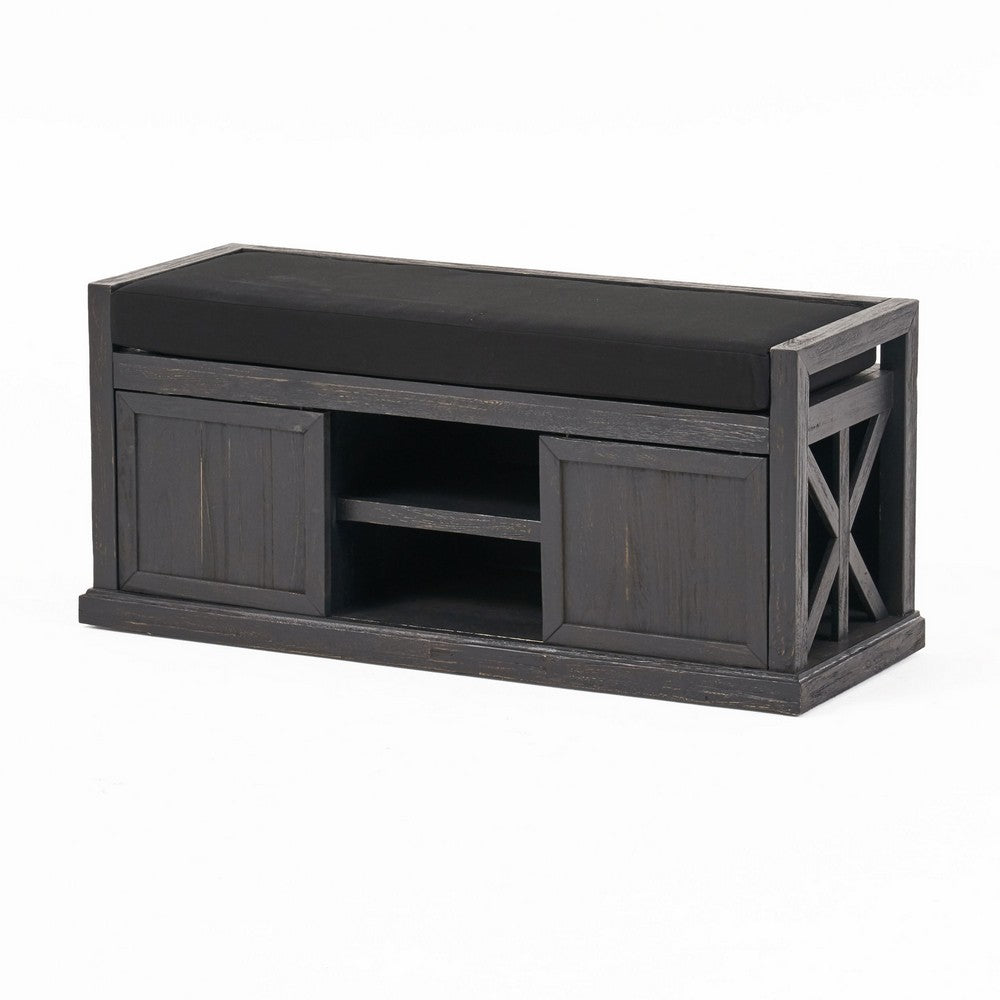 Shoe Bench with 2 Storage Shelves, 43 Inch Dark Gray Acacia Wood