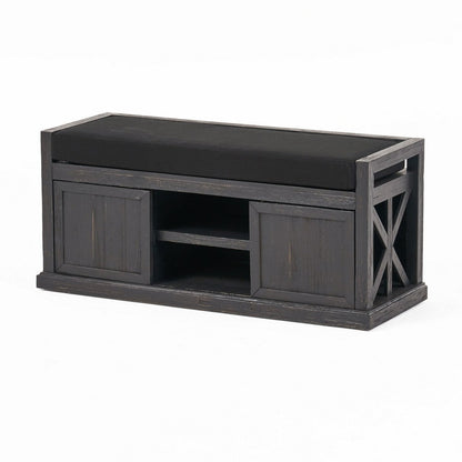 Shoe Bench with 2 Storage Shelves, 43 Inch Dark Gray Acacia Wood