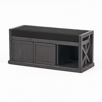 Shoe Bench with 2 Storage Shelves, 43 Inch Dark Gray Acacia Wood