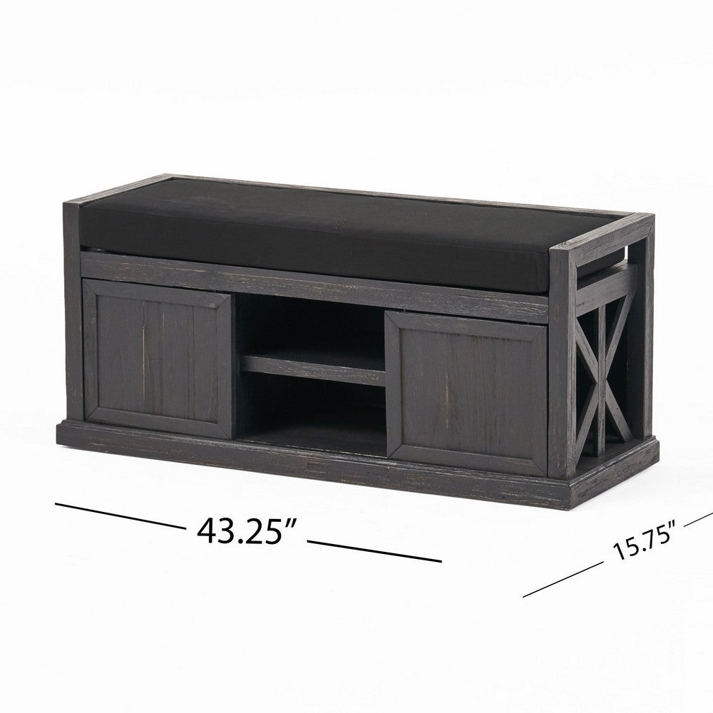 Shoe Bench with 2 Storage Shelves, 43 Inch Dark Gray Acacia Wood