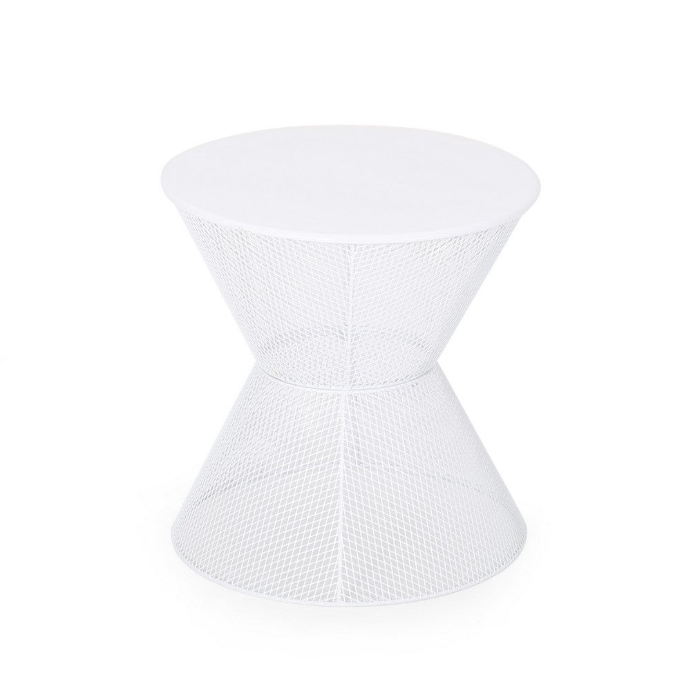 Nian Outdoor Side Table, Matte White Iron, Hourglass Shape, 18 Inch