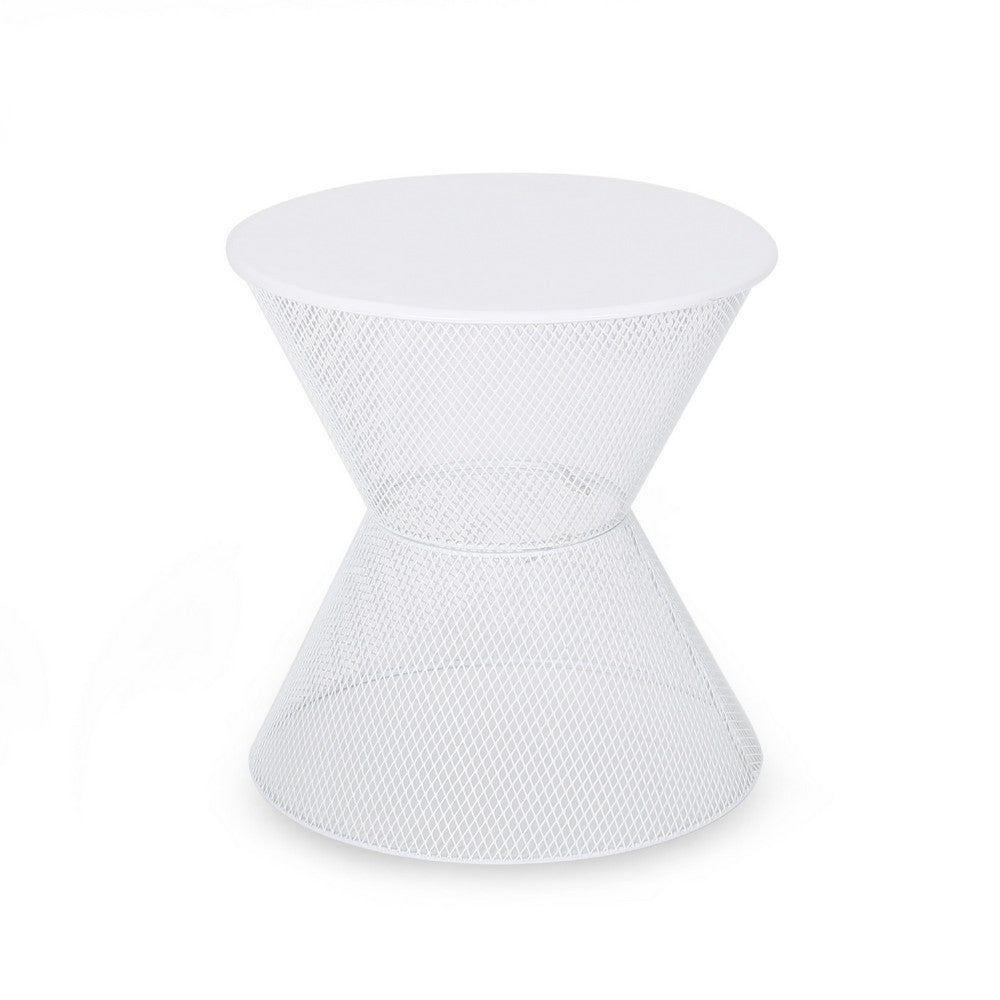 Nian Outdoor Side Table, Matte White Iron, Hourglass Shape, 18 Inch