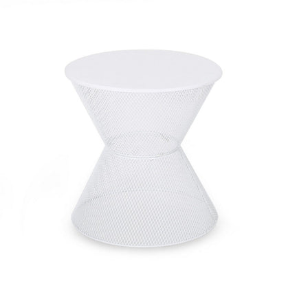 Nian Outdoor Side Table, Matte White Iron, Hourglass Shape, 18 Inch