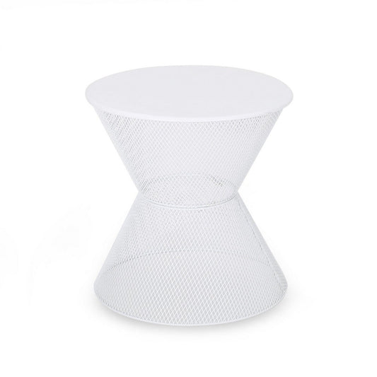 Nian Outdoor Side Table, Matte White Iron, Hourglass Shape, 18 Inch