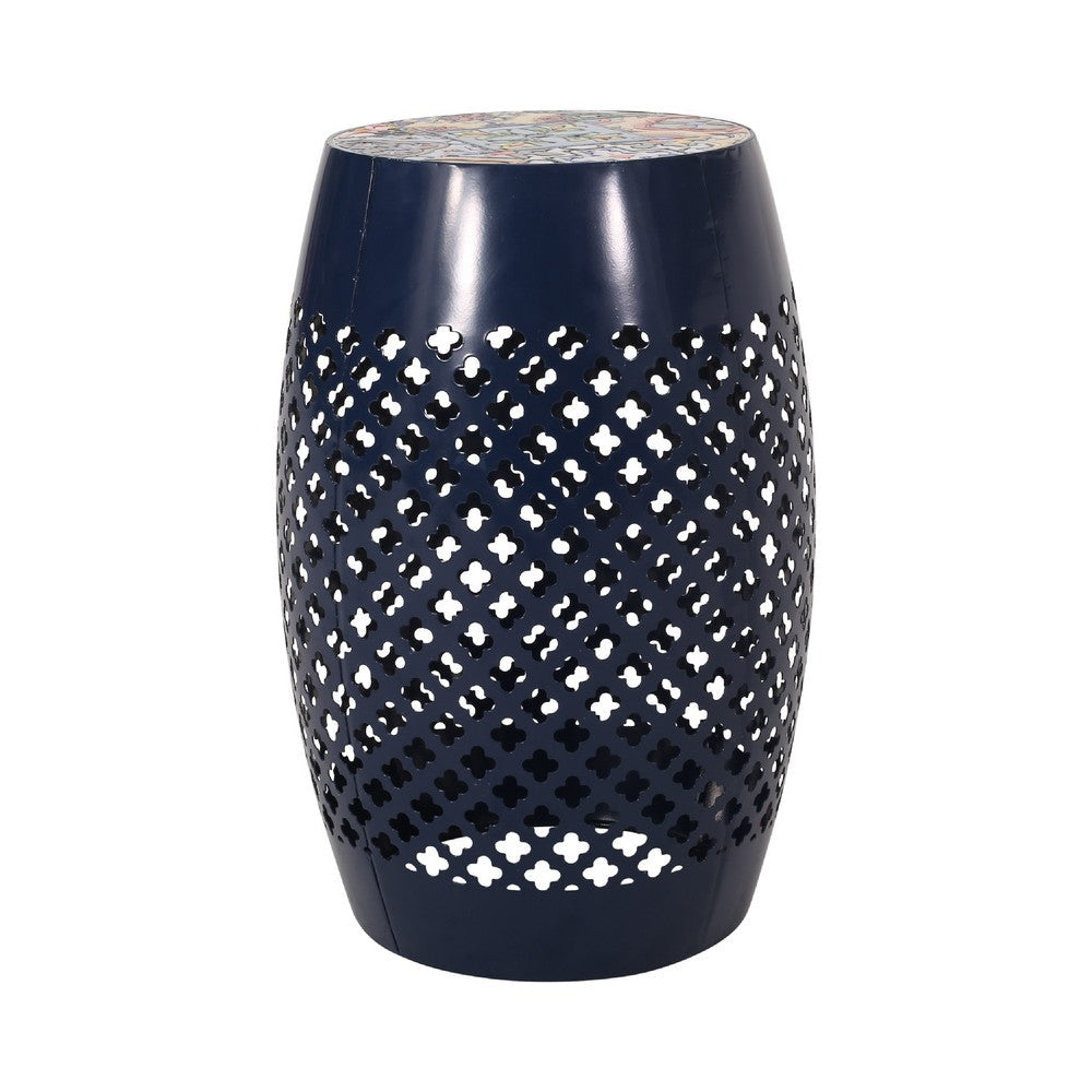 Rosie Outdoor Side Table, Dark Blue Iron, Lace Cut Drum Shape, 12 Inch
