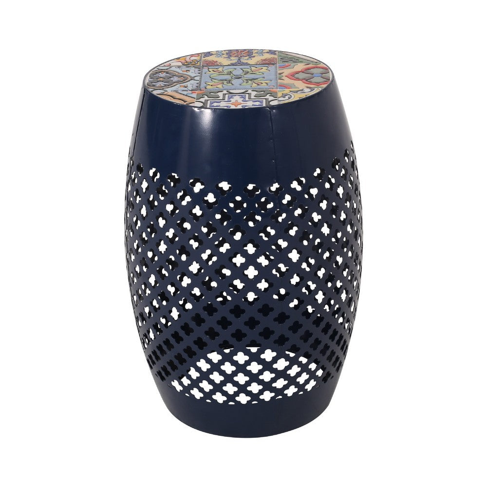 Rosie Outdoor Side Table, Dark Blue Iron, Lace Cut Drum Shape, 12 Inch