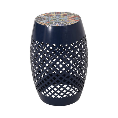 Rosie Outdoor Side Table, Dark Blue Iron, Lace Cut Drum Shape, 12 Inch