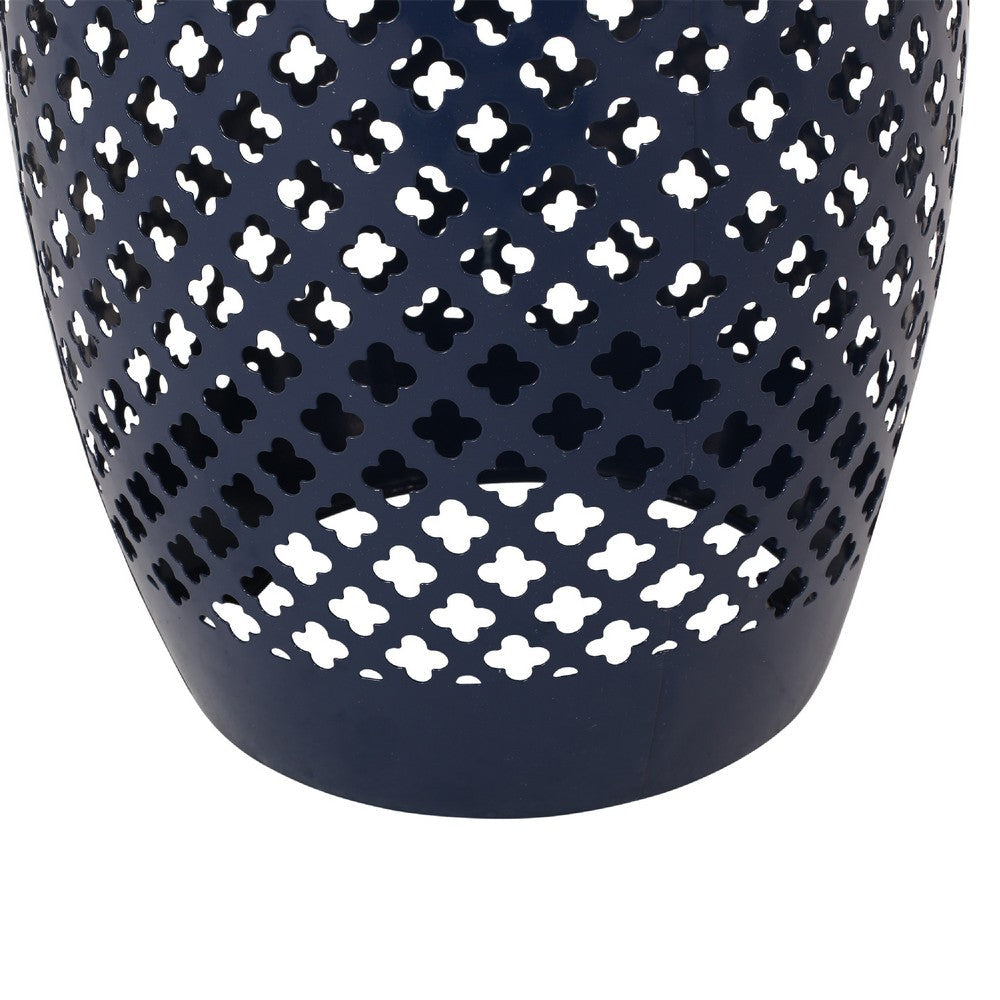 Rosie Outdoor Side Table, Dark Blue Iron, Lace Cut Drum Shape, 12 Inch