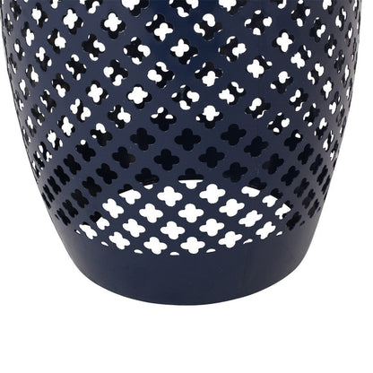 Rosie Outdoor Side Table, Dark Blue Iron, Lace Cut Drum Shape, 12 Inch