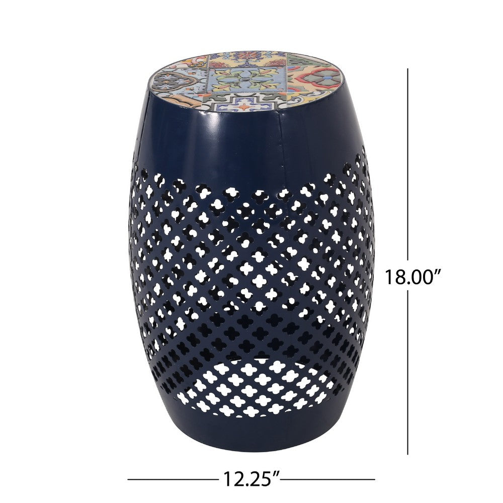 Rosie Outdoor Side Table, Dark Blue Iron, Lace Cut Drum Shape, 12 Inch