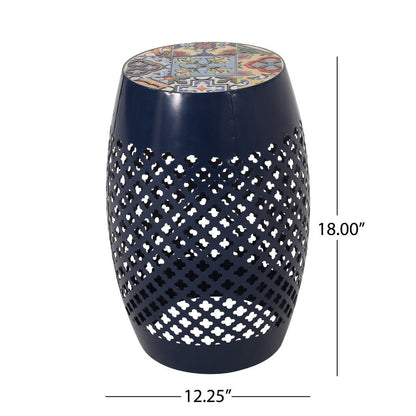 Rosie Outdoor Side Table, Dark Blue Iron, Lace Cut Drum Shape, 12 Inch