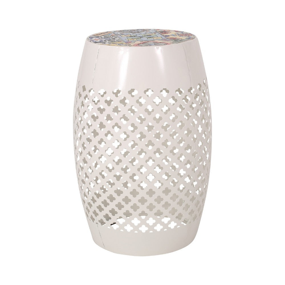 Rosie Outdoor Side Table, White Iron, Lace Cut Drum Structure, 12 Inch