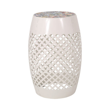 Rosie Outdoor Side Table, White Iron, Lace Cut Drum Structure, 12 Inch