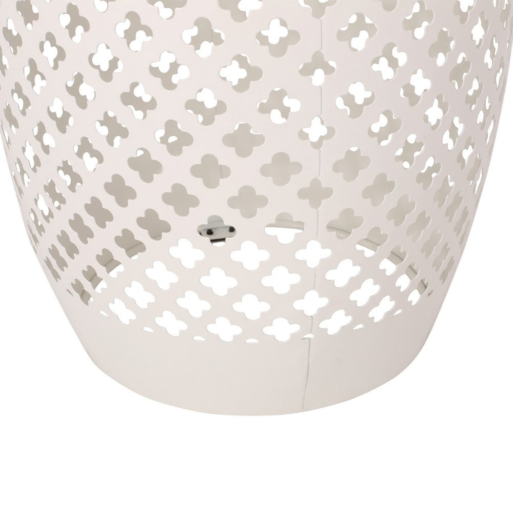 Rosie Outdoor Side Table, White Iron, Lace Cut Drum Structure, 12 Inch