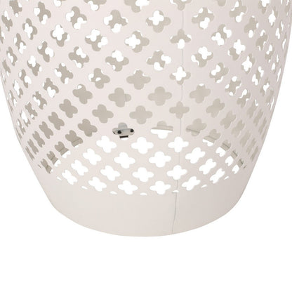 Rosie Outdoor Side Table, White Iron, Lace Cut Drum Structure, 12 Inch